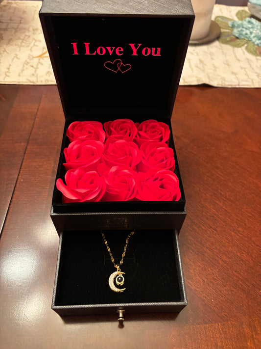 Caros Care "I Love You" in 100 Languages Necklace + Rose Jewelry Box Bundle